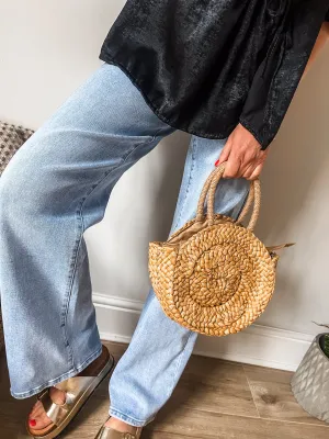 Straw Round Basket Bag With Crossbody Strap