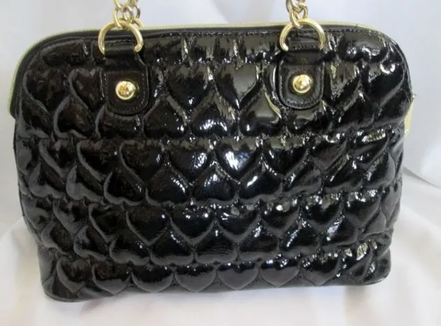 BETSEY JOHNSON Quilted HEART Vegan Satchel Bowler Bag BLACK Fringe Tassel Bow Chianlink