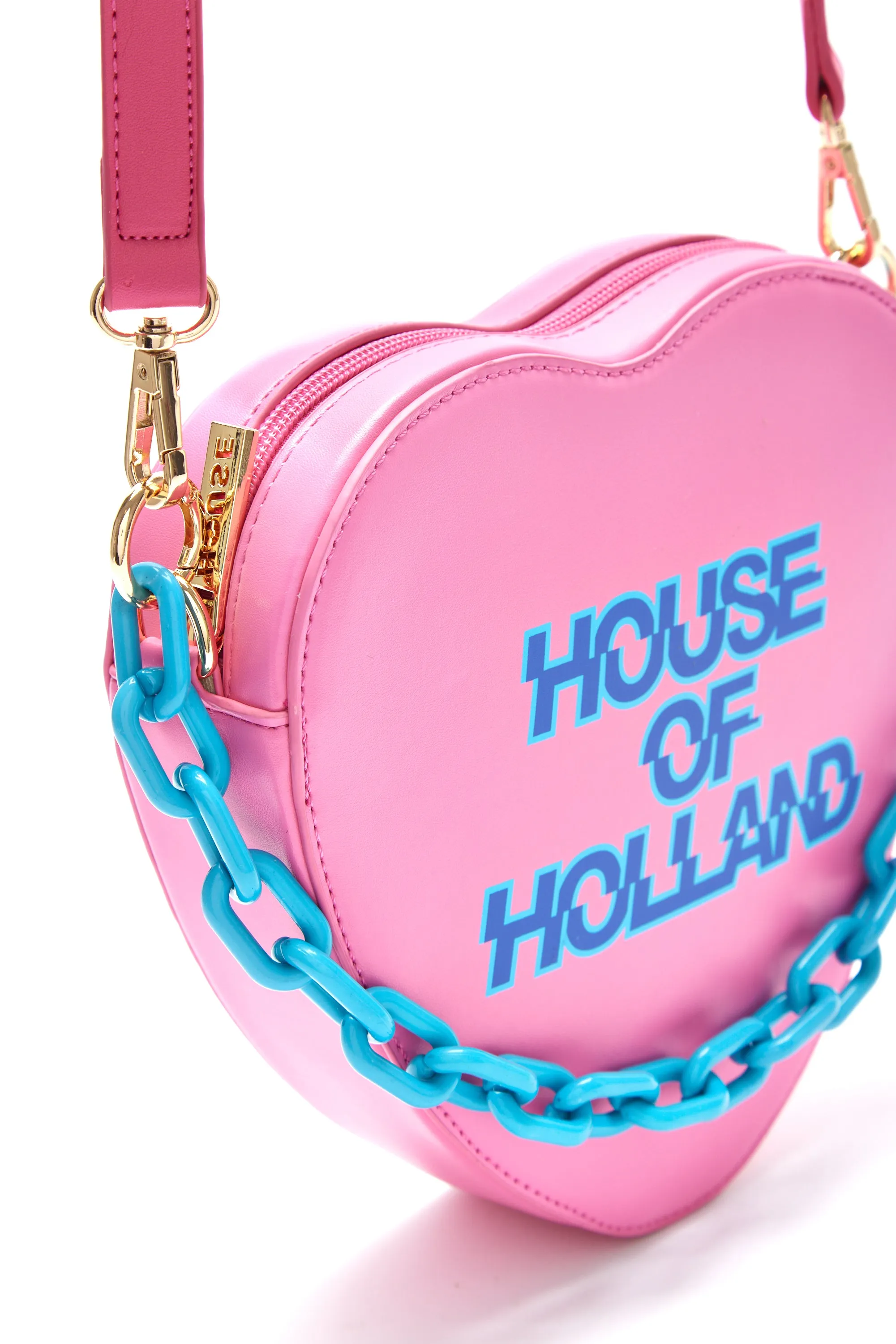 House Of Holland Heart Shape Cross Body Bag In Pink With A Chain Detail And Printed Logo