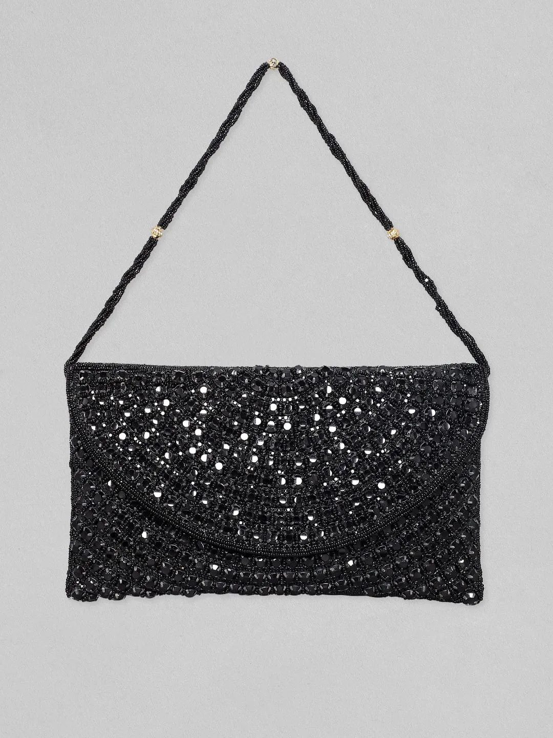 Rubans Black Handmade Sling Bag With Embroided And Studded Black Beads.