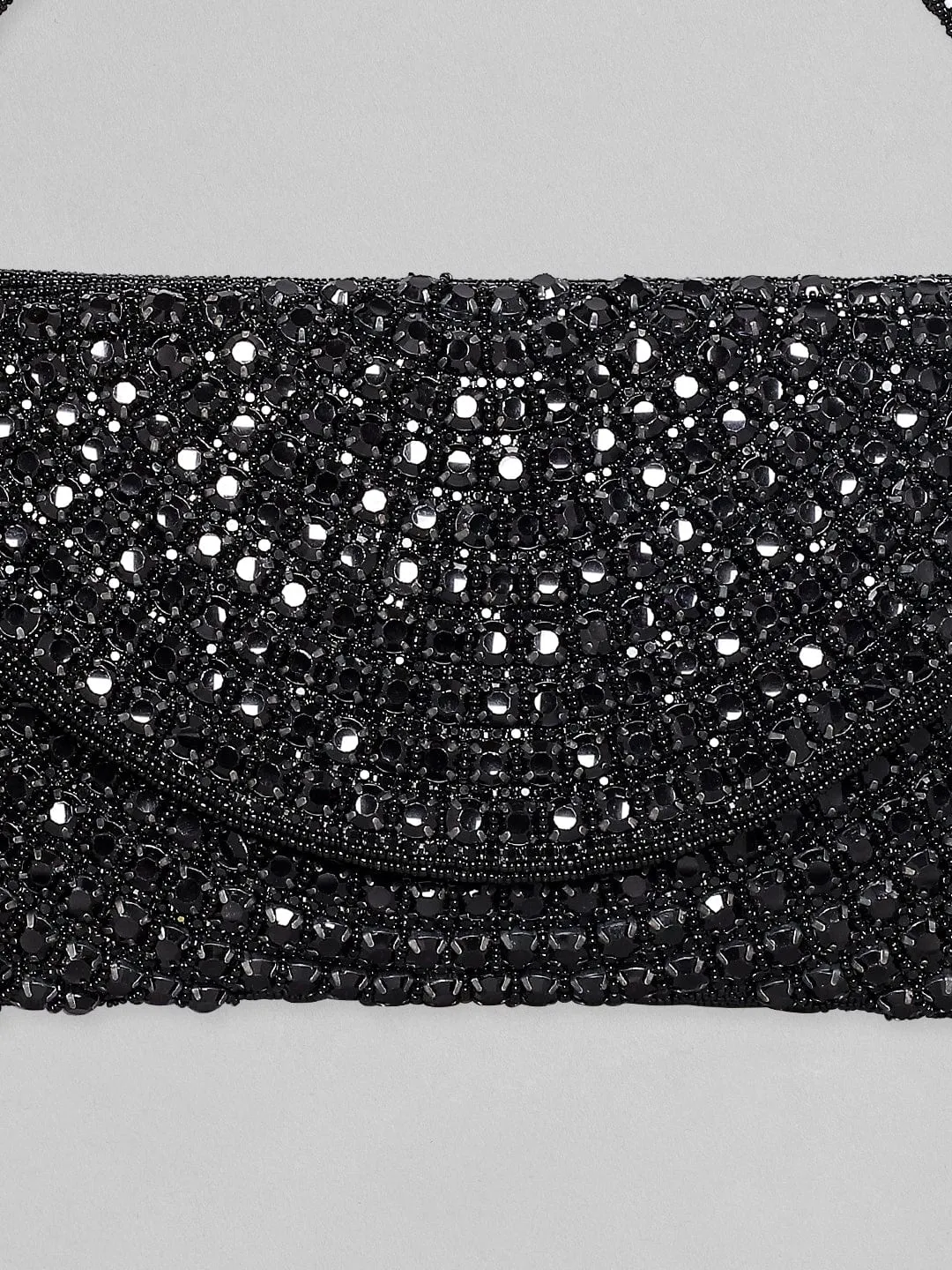 Rubans Black Handmade Sling Bag With Embroided And Studded Black Beads.