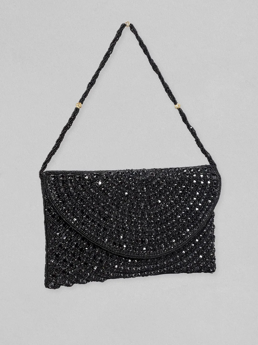 Rubans Black Handmade Sling Bag With Embroided And Studded Black Beads.